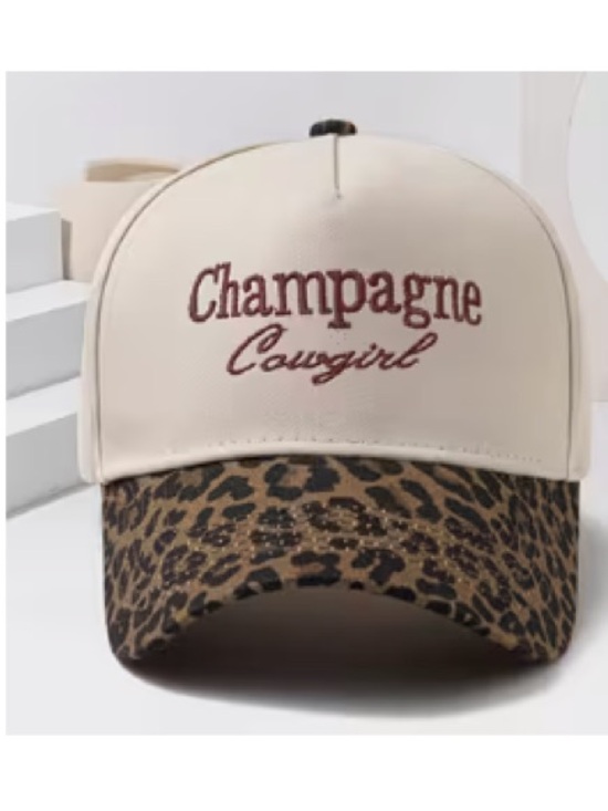 Accessories - Champagne Cowgirl Script Trucker Hat - Cream with Leopard Brim
